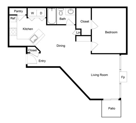 Floor plan for 1 bed, 1 bath, 813 sqft